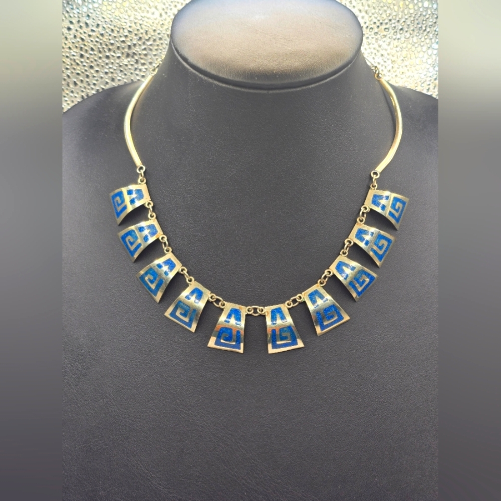 Vintage Taxco Alpaca Mexican Silver Turquoise Inlay Bib Choker Necklace